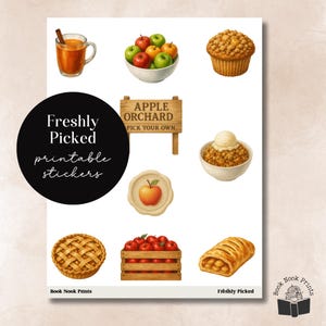 Apples Pie Crumble Crisp Cider Orchard Picking Spice Autumn Fall Printable Stickers Deco Journal Planner Journaling Freestyle Stickers