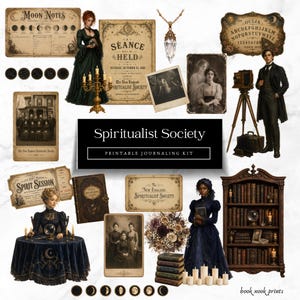 Puede incluir: Un kit de diario imprimible titulado Spiritualist Society que presenta efímeros de estilo vintage, incluidos gráficos de fases lunares, un anuncio de sesión espiritista, un tablero ouija, fotos antiguas, un colgante de cristal y figuras victorianas.