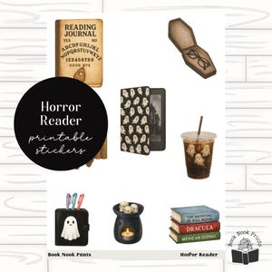 May include: A collection of spooky-themed items, including a Ouija board journal, a coffin-shaped glasses case, a ghost-covered e-reader, a ghost-decorated iced coffee, a ghost-faced wallet, a skull oil burner, and stacked books. The text "Horror Reader printable stickers" is visible.