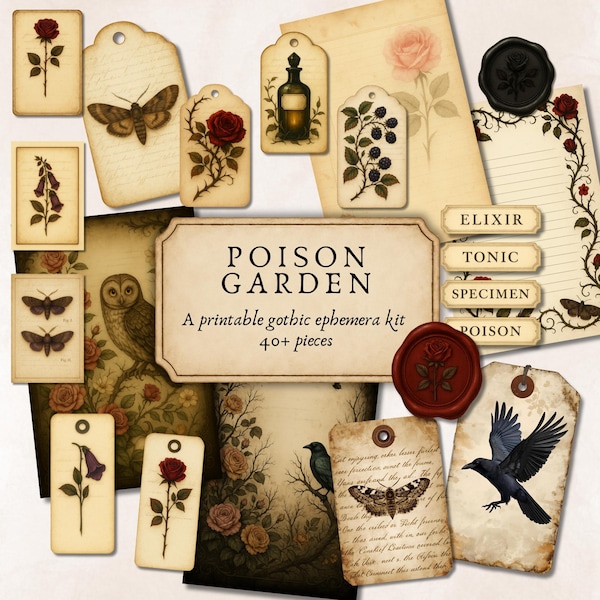 ポイズンガーデン ジャンクジャーナルキット 印刷可能 ゴシック エフェメラ ヴィンテージ スクラップブック ステッカー ハーフページ ローズ アポセカリー ウィッチ