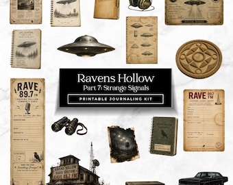 May include: A collection of printable journaling ephemera featuring a Ravens Hollow theme. Items include a newspaper, spiral notebooks, headphones, a UFO saucer, binoculars, a radio station building, a vintage radio, a car, and various radio report forms.