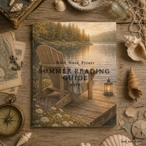 May include: A book cover with the title "Summer Reading Guide 2020" featuring an Adirondack chair on a wooden dock overlooking a lake. The cover is surrounded by seashells, a compass, and vintage ephemera on a wooden surface.