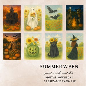 Cartões de diário Summerween, Outono, Assustador, Diário, Livros, Leitura, Scrapbooking, Planejador, Imprimível, Abóboras, Fantasmas, Assombrado, Bruxa