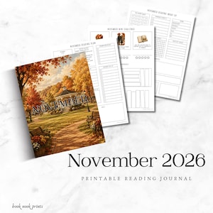 Può includere: Un diario di lettura stampabile per novembre 2026 con una copertina che mostra una scena di un parco autunnale e il testo NOVEMBER. Include pagine per un piano di lettura, una mini sfida con icone di libri e un riepilogo di lettura.