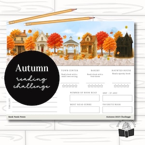 May include: An autumn-themed reading challenge printable with a town scene illustration. The image features a black circle with the text "Autumn reading challenge" and prompts for book tracking. Includes pencils.