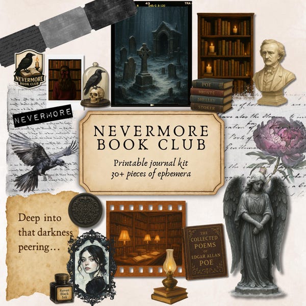ネバーモア・ブッククラブ ジャンクジャーナルキット 印刷可能なゴシック・エフェメラ ヴィンテージ・スクラップブック・ステッカー ライブラリー ポー・ダーク・アカデミア