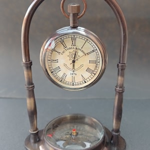 Nautical Ship Table Clock, Desk Clock Maritime Compass with Antique Hanging Watch, Vintage Style Desktop Compass, Fathers day Gift, Mom Gift