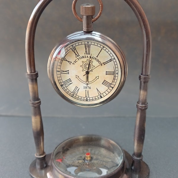 Horloge de table de navire nautique, horloge de bureau boussole maritime avec montre suspendue antique, boussole de bureau de style vintage, cadeau de fête des pères, cadeau de maman