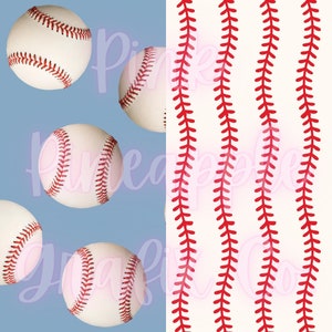 May include: A seamless pattern featuring white baseballs with red stitching on a light blue background. The pattern repeats on the left side of the image. The right side of the image features a white background with a repeating pattern of red baseball stitching.