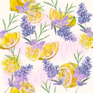 Watercolor Lemons Lavender Floral Butterflies Digital Seamless File