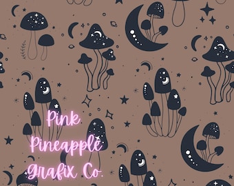 Digitale nahtlose Datei, bedruckbares Papier, sich wiederholendes Muster, nahtlos, himmlisch, Boho Monde und Pilze, Witchy