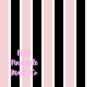 May include: Vertical striped pattern in black, white, and light pink. The text "Pink Pineapple Grafix Co." is displayed in a cursive, neon pink font, centered on the image. The stripes are evenly spaced.
