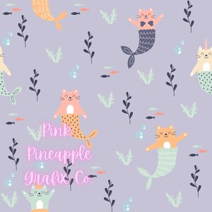 Digital Seamless File, Printable Paper, Repeating Pattern, Seamless, Cat Mermaid Seamless, Under the Sea Car Mermaid Seamless Pattern