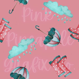 Rainy Weather Blue and Red Rainboots Umbrella Pink Background Digital Seamless File