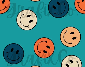Könnte beinhalten: Ein nahtloses Muster mit verschiedenen Smiley-Gesichtern in Orange, Blau und Beige auf einem türkisfarbenen Hintergrund.