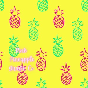 Pink and Green Neon Pineapples on Yellow Background Digital Seamless File