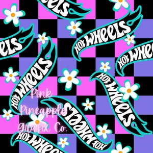 May include: A black and white checkered background with pink and purple squares. The words "Hot Wheels" are written in a white cursive font on a blue banner with a flame design. White daisies are scattered throughout the design.