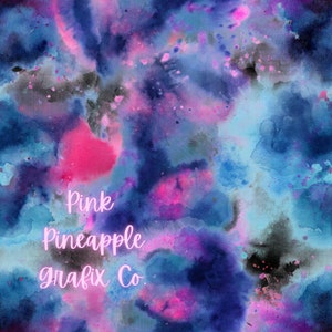May include: Abstract watercolour background with shades of blue, pink, and purple. The background has a galaxy-like appearance with splatters of black paint. The text "Pink Pineapple Grafix Co." is written in pink.