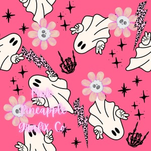 May include: A pink background with a repeating pattern of white ghosts, pink flowers with a skull in the centre, black lightning bolts with a leopard print, and black skeleton hands making the rock and roll sign. The text "Pink Pineapple Grafix Co" is in the centre of the image.