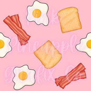 May include: A seamless pattern featuring a pink background with cartoon images of fried eggs, toast, and bacon. The eggs are white with yellow yolks, the toast is light brown, and the bacon is red.