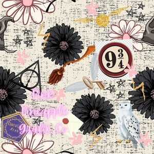 May include: A digital paper with a Harry Potter theme. The paper features a variety of images, including a Hogwarts Express ticket, a golden snitch, a broomstick, a Hogwarts house crest, and a snowy owl. The paper also features a variety of text, including the words "Pink Pineapple Grafix Co.", "9 3/4", and "Chocolate Frog".