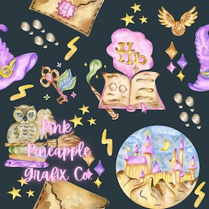 May include: A watercolour illustration featuring a magical theme with a pink castle, a book with glasses, a pink cloud with the letter "H", a brown owl, a key, a wizard hat, a broom, a flying phoenix, and stars on a dark blue background. The text "Pink Pineapple Grafix Co." is also included.