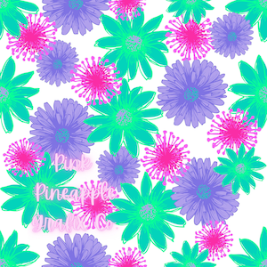 May include: A seamless pattern featuring bright pink, turquoise, and lavender flowers on a white background. The text "Pink Pineapple Graphics Co." is in the center of the design.