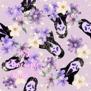 Digital sömlös fil, utskrivbart papper, upprepande mönster, sömlöst, lila spökansikte, skrik, blommigt spökansikte sömlöst, skräck sömlöst