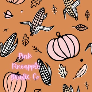Digitale Seamless Datei, Druckpapier, sich wiederholendes Muster, nahtlos, Herbst Kürbisse, Mais, Erntedank
