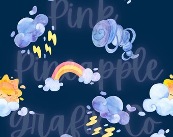 May include: A seamless pattern featuring watercolor illustrations of a rainbow, clouds, lightning bolts, a sun, and a tornado on a dark blue background.
