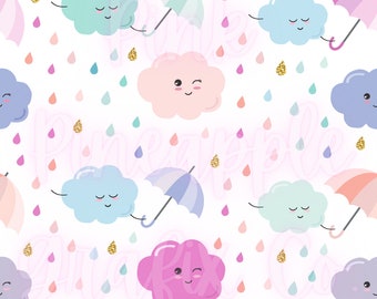 May include: A seamless pattern featuring pastel-colored clouds with smiling faces, raindrops in various colors, and umbrellas with pastel-colored stripes. The background is white.