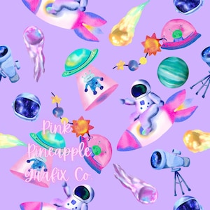 May include: A seamless pattern featuring a watercolor illustration of space-themed elements on a light purple background. The pattern includes astronauts, rockets, planets, stars, comets, telescopes, and alien spaceships. The text "Pink Pineapple Grafix Co." is included in the pattern.