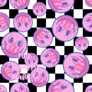 May include: A seamless pattern featuring pink smiley faces with blue flames on a black and white checkered background. The text "Pink Pineapple Grafix Co." is in the center of the image.