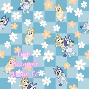 May include: A blue and white checkered background with cartoon dogs in various poses. The dogs are wearing blue and orange outfits. There are white daisies scattered throughout the pattern. The text "Pink Pineapple Grafix Co." is in pink letters at the bottom of the image.