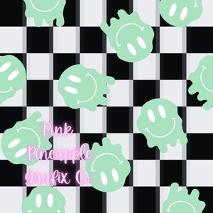 Digital Seamless File, Printable Paper, Repeating Pattern, Seamless, Black Checkers, Pastel Green Drippy Happy Faces