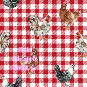 Hens and Roosters on Red Gingham Digital Seamless File