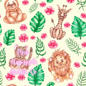 Digital Seamless File, Printable Paper, Repeating Pattern, Seamless, Watercolor Floral Safari Animals Seamless Pattern