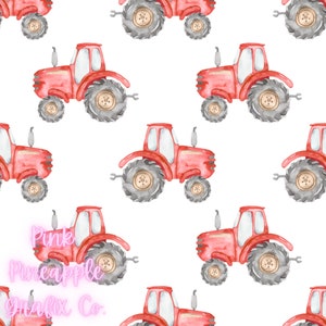 May include: A seamless pattern featuring red toy tractors with grey wheels on a white background. The tractors are facing different directions and have a simple design.