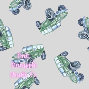 May include: A seamless pattern featuring a green Jeep on a light gray background. The Jeep is repeated throughout the pattern, with each Jeep facing a different direction. The text "Pink Pineapple Grafix Co." is written in pink letters on the bottom of the pattern.