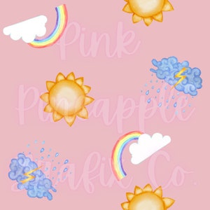 May include: A seamless pattern featuring watercolor illustrations of a rainbow, clouds, sun, and a storm cloud with lightning and raindrops on a pink background. The text "Pink Pineapple Co." is visible in the background.