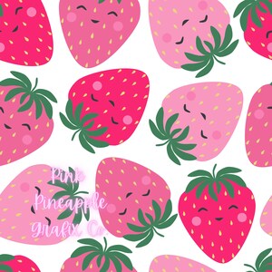 May include: A seamless pattern featuring pink and red strawberries with smiling faces and green leaves. The strawberries are arranged in a repeating pattern on a white background. The text "Pink Pineapple Grafix Co." is visible in the center of the image.