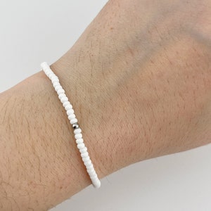 White Glass Seed Bead Bracelet: Minimalist Stretch Stacking Bracelet