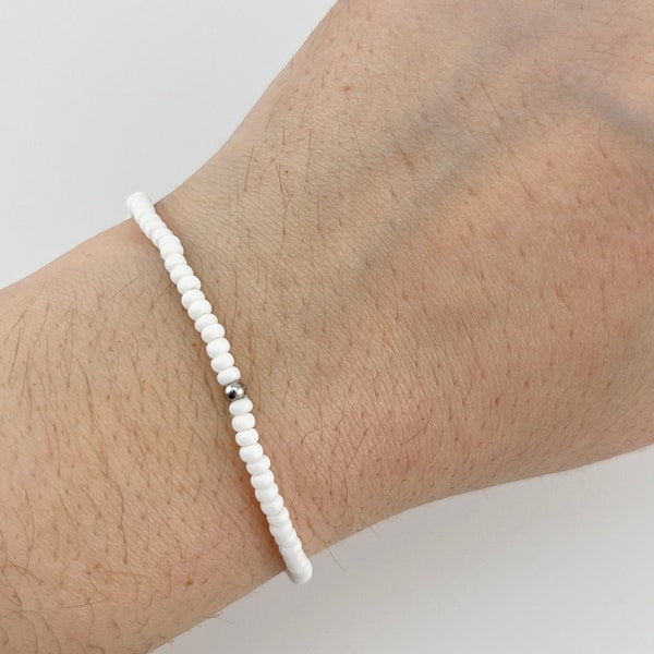 White Glass Seed Bead Stretch Bracelet | minimalist white bracelet, stacking bracelet, beaded friendship bracelet