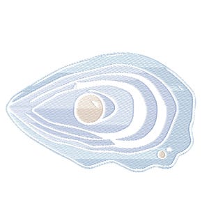Puede incluir: Un diseño bordado de concha de ostra azul claro con un contorno blanco. La concha presenta círculos concéntricos y un detalle central en forma de perla. El diseño está sobre un fondo blanco.