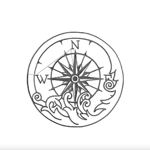 May include: A black and white compass with a starburst design and waves at the bottom. The compass is surrounded by a circle with the letters N, W, and E.