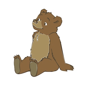 Puede incluir: Ilustración de dibujos animados de un oso de peluche marrón sentado con las piernas extendidas. El oso tiene un pecho y patas de color marrón claro, con un contorno marrón más oscuro. El oso está mirando hacia arriba y hacia la izquierda.