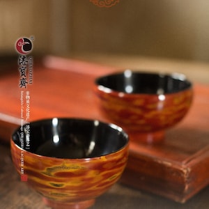Comedor / tazón de laca china / rojo y amarillo / texto de bricolaje