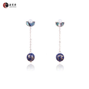 Jewelry/Lacquer earrings (5cm X 1.0cm)/Blue Lacquer ball 18K gold filled/Fan-shaped design