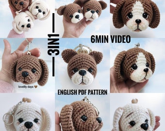 3 in 1 Crochet Pattern, Crochet Dog Xmas Tree Decor, Crochet dog Keychain Pattern, Cute Car Accessories Dog, Keyring Crochet Pattern, PDF