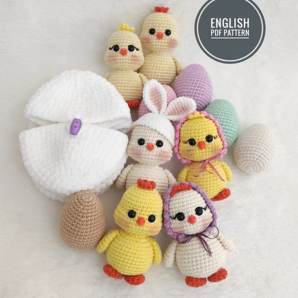 Pulcini all'uncinetto modello di Pasqua, uovo di Pasqua a sorpresa all'uncinetto, modello di polli all'uncinetto, modello di pulcini Amigurumi all'uncinetto, cappello del coniglietto di Pasqua